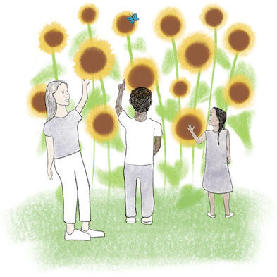 Three children standing in a field of sunflowers of various heights. Each child is able to reach a sunflower.